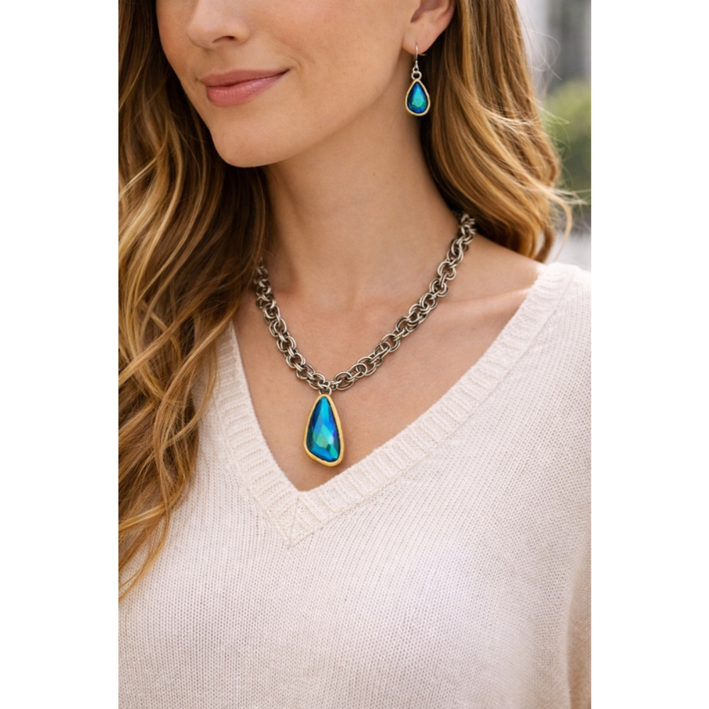 Silver Chain Necklace & Earring Set with Blue Iridescent Teardrop Crystals Boho - Picture 1 of 5